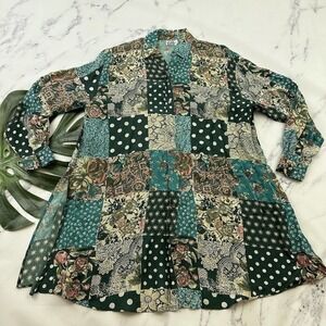 Via Max Womens Vintage 90s Silk Oversize Shirt Size S Green Tan Mixed Floral